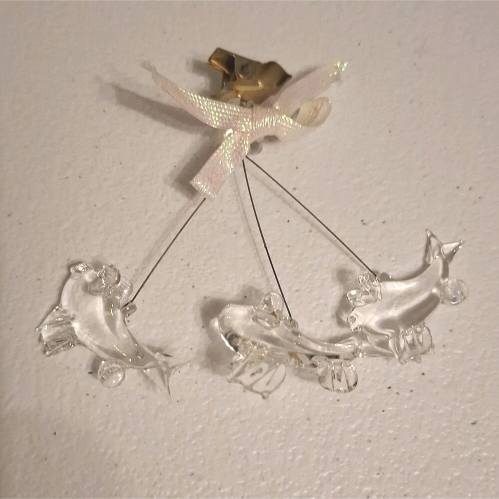 3 Clear Glass Fish Hanging Christmas Ornament Iridescent Bow Clip Coastal 3"
